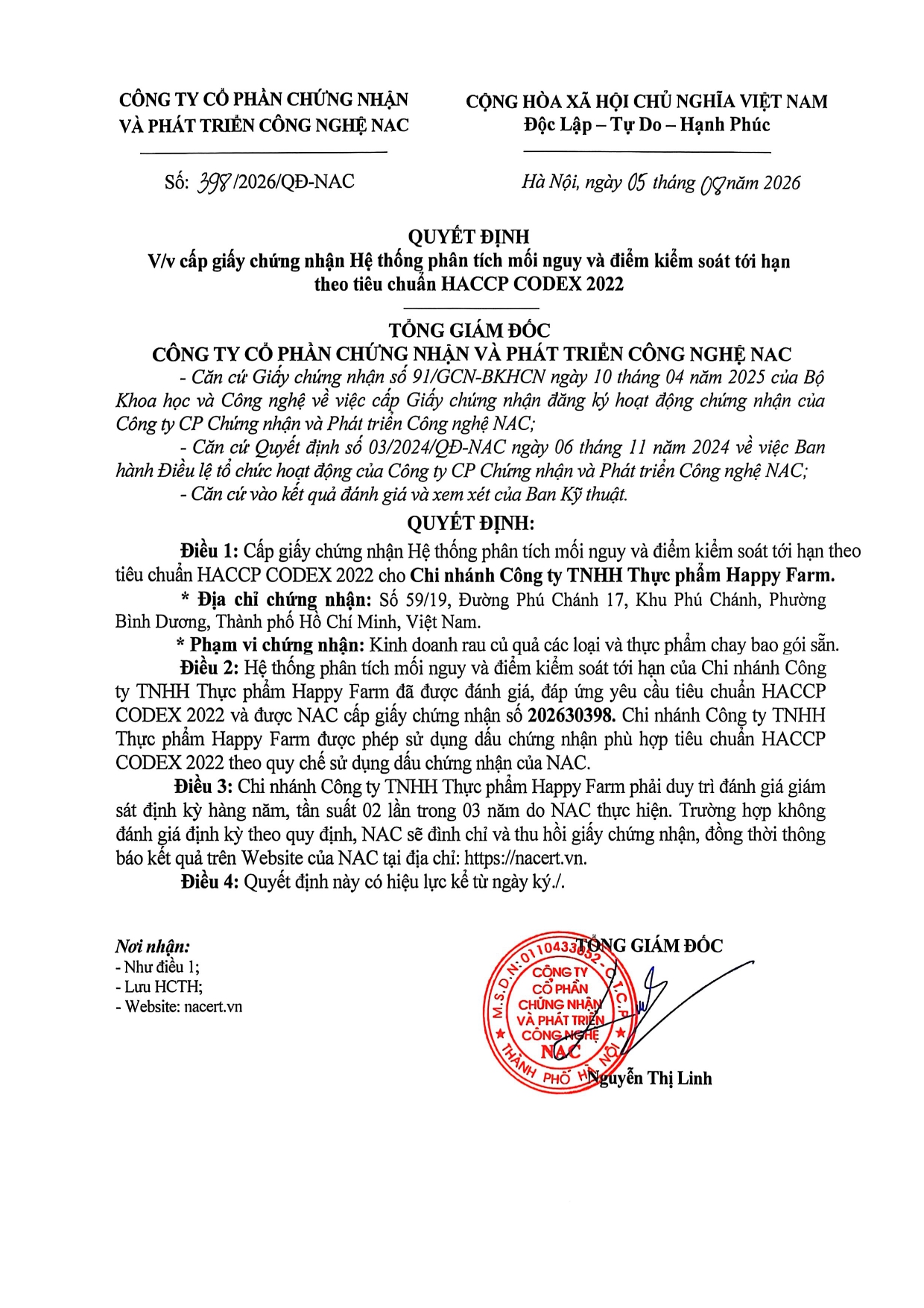 CÔNG TY TNHH THỰC PHẨM HAPPY FARM